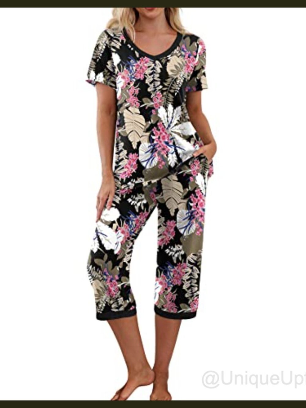 Women's 2-Piece Pajama Set Capri Pants Short Sleeve V-Neck Soft Lounge